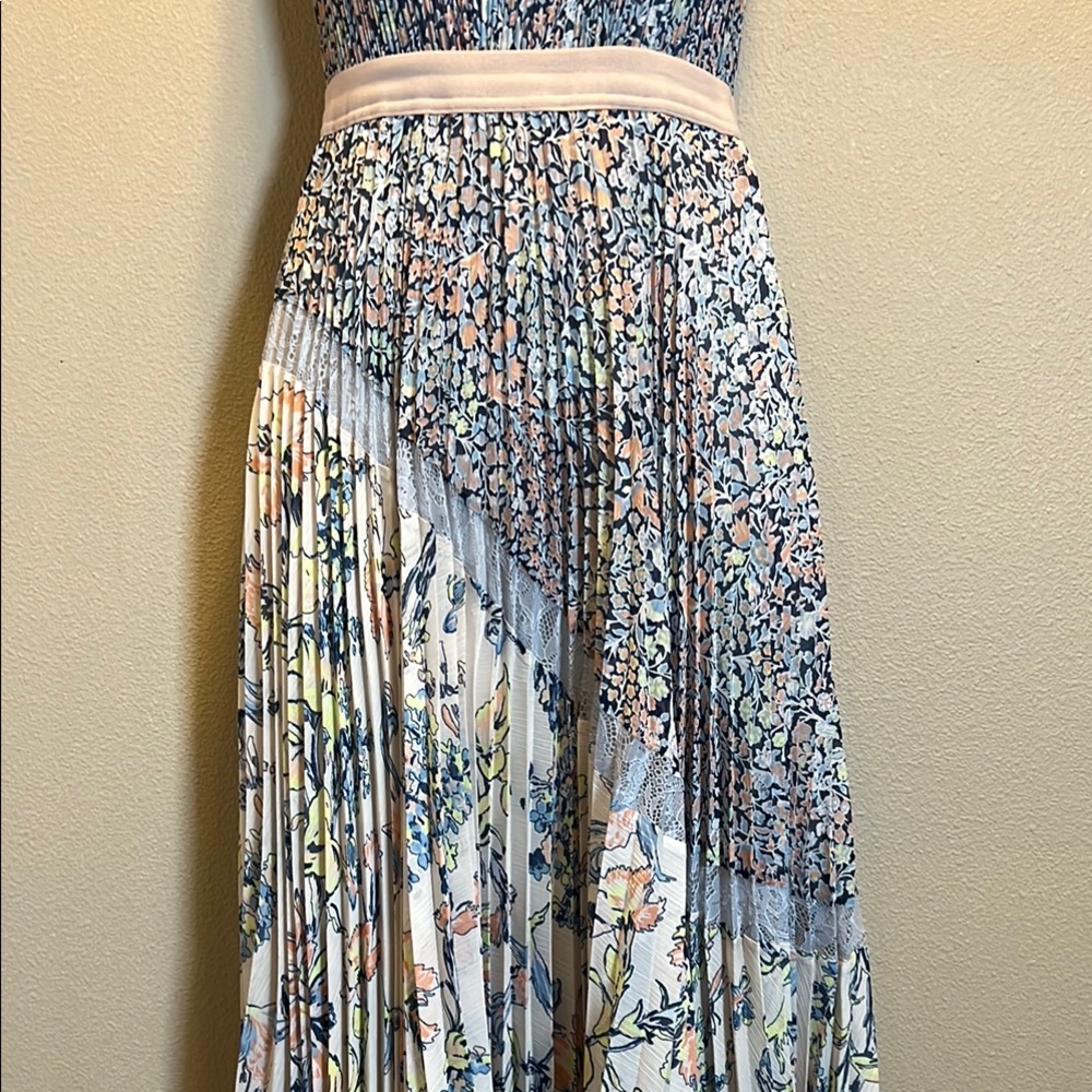 BCBGMaxAzria Women’s Silver, Peach and Blue Pleated Midi Dress SZ XXS - Picture 6 of 14